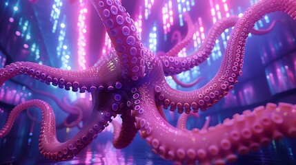 A large octopus is in a dark room with bright lights, AI - obrazy, fototapety, plakaty