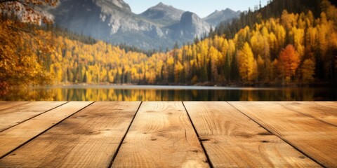 Naklejka na ściany i meble The empty wooden table top with blur background of lake and mountain in autumn. Exuberant image. generative ai