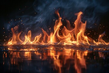 Fiery tongues of yellow and orange flames rise in a mesmerizing dance against a stark black backdrop.