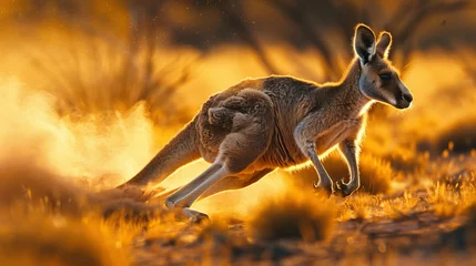 Selbstklebende Fototapeten Dynamic red kangaroo in australian outback showcasing sharp detail in arid landscape © RECARTFRAME CH