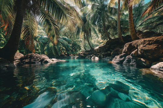 Tropical paradise with crystal-clear water surrounded by lush greenery.