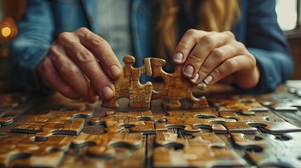 A man and woman hold a jigsaw puzzle, symbolizing business solutions, success, and strategy. - obrazy, fototapety, plakaty