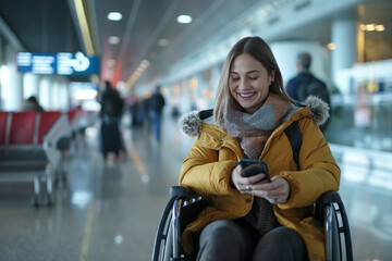 Woman in wheelchair using smartphone at the airport.