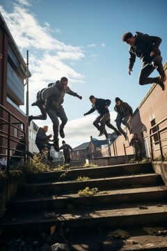 A group of young men practicing parkour by energetically jumping up and down a set of stairs in an urban environment