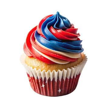A patriotic cupcake adorned with stars and stripe isolated on transparent background.
