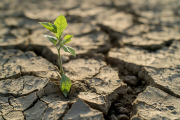 Young plant growing from cracked earth.