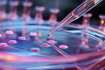 Pipette dispensing a liquid onto a multi-well plate in a laboratory.
