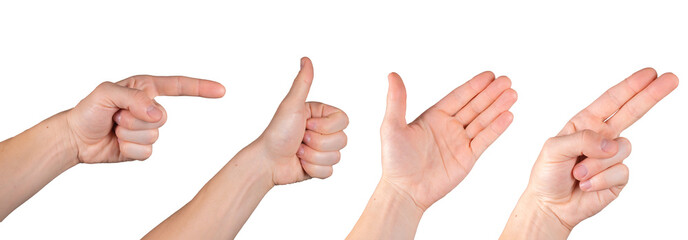 Collection Of Male Hands Showing Different Gestures. Pointing, Thumbs Up, Open Palm, And Two Finger Point