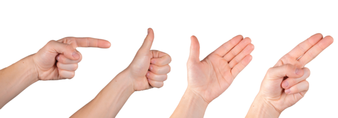 Collection Of Male Hands Showing Different Gestures. Pointing, Thumbs Up, Open Palm, And Two Finger Point