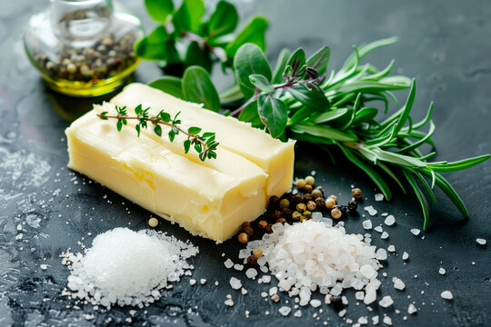 Closeup of garlic creamy butter with salt and greens for sandwiches and steak in a small bowl on a stone background