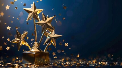 A sophisticated gold winners trophy featuring shooting stars, intended for awarding first place in a competition or championship, set against a dark blue background with ample copy space. - obrazy, fototapety, plakaty