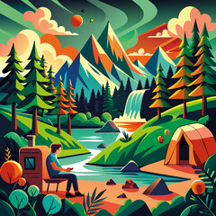 Vibrant Summer Camping and Outdoor Adventure Illustration