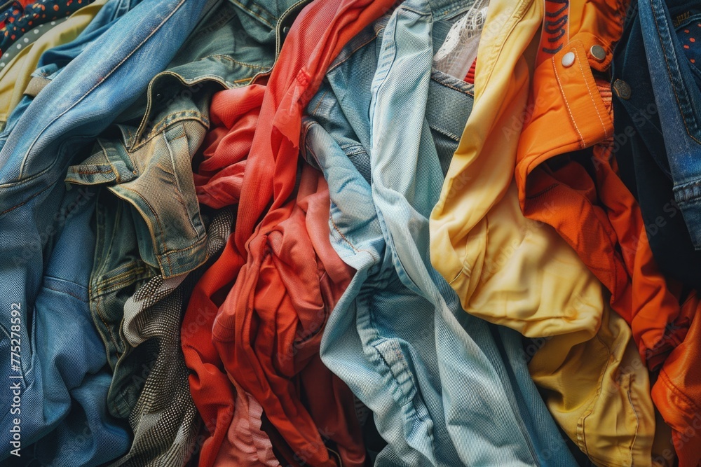 Poster A pile of different colored clothes stacked on top of each other. Ideal for fashion or laundry concepts
