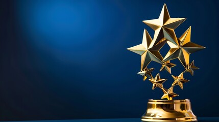 A sophisticated gold winners trophy featuring shooting stars, intended for awarding first place in a competition or championship, set against a dark blue background with ample copy space.