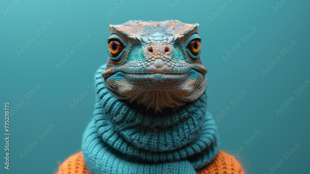 Poster a lizard wearing a sweater and scarf with an orange face, ai