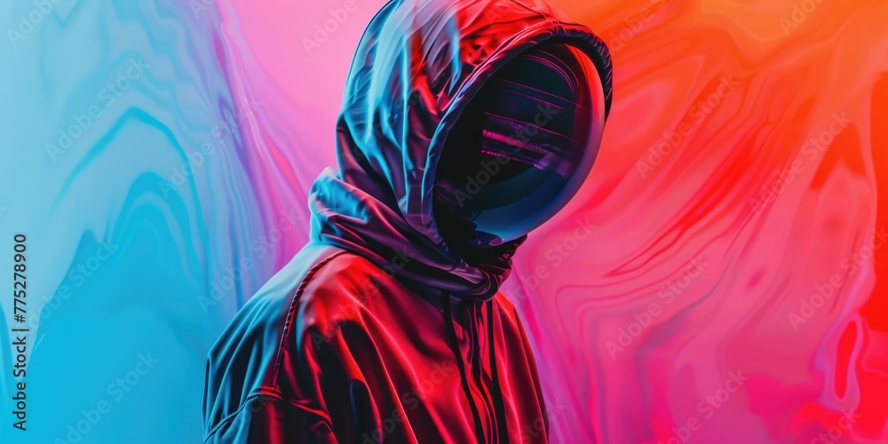 Poster A person wearing a red hoodie standing in front of a vibrant and colorful background. Suitable for various design projects