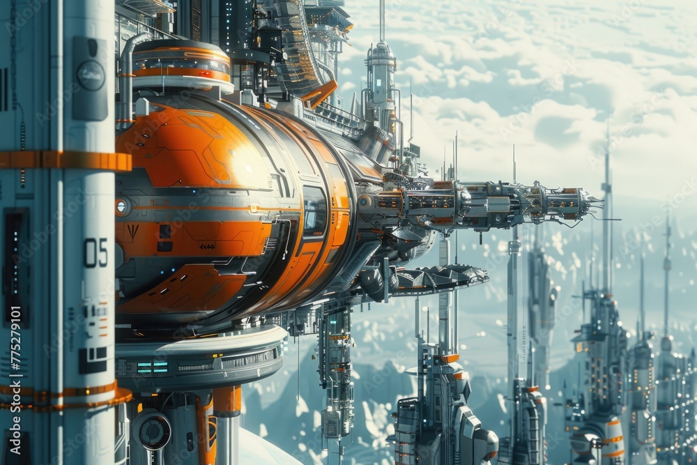 Poster a futuristic sci-fi city floating in the sky. ideal for technology and innovation concepts