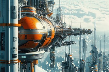 A futuristic sci-fi city floating in the sky. Ideal for technology and innovation concepts