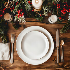 modern wooden table top, birdseye view, looking down, round white ceramic dish, christmas holiday table decore, flatware, napkins, christmas flowers