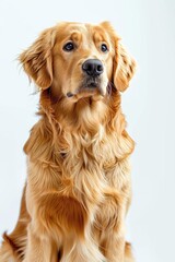 A cute golden retriever sitting calmly on a clean white background. Perfect for pet-related designs and advertisements