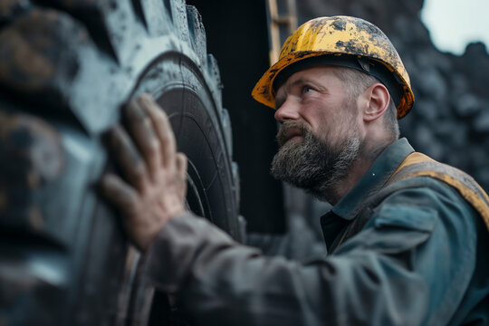 Worker in hard hat inspecting heavy machinery