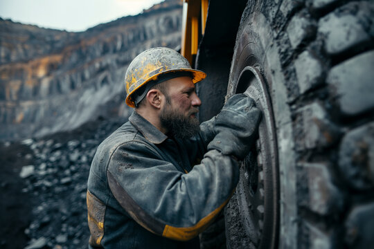 Miner examining a large truck tire at a mining site.