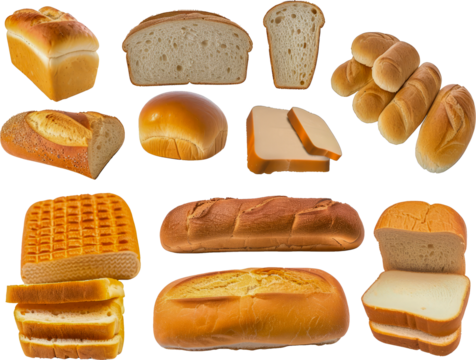 Assorted fresh bakery breads cut out on transparent background