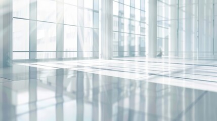 Empty modern office corridor with glass walls and reflections. Minimalistic corporate design with copy space for text or banner creation