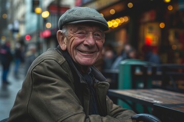 Portrait of a senior man sitting in a street cafe in New York City
