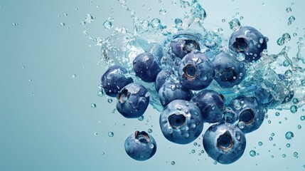 Blueberries plunging into water with air bubbles on blue background - obrazy, fototapety, plakaty