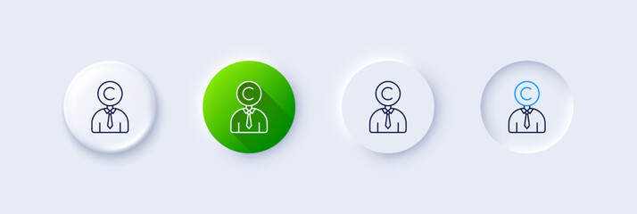 Copyrighter line icon. Neumorphic, Green gradient, 3d pin buttons. Writer person sign. Copywriting symbol. Line icons. Neumorphic buttons with outline signs. Vector