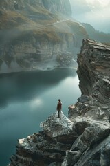 A man standing on top of a cliff overlooking a body of water. Ideal for travel and adventure...