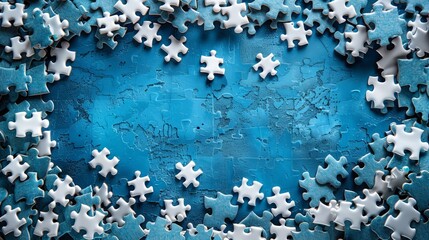Blue background composed of white puzzle pieces with space for content.
