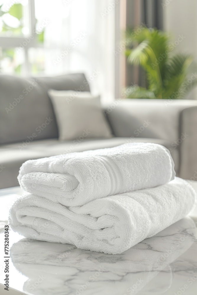 Poster neat stack of white towels on a table, suitable for spa or hotel concepts