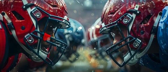 Intense faceoff between American football teams in a stadium showcasing the competitive and aggressive nature of the sport. Concept Sports, American Football, Competition, Intensity, Stadium - obrazy, fototapety, plakaty