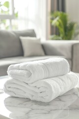 Fototapeta na wymiar Neat stack of white towels on a table, suitable for spa or hotel concepts