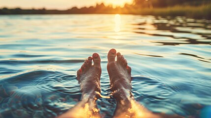 Feet in water with sunset reflection, serene lake scene. Close-up with a relaxation and summer evening concept.