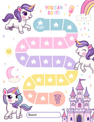 Unicorn reward chart for girls and boys. Cute baby unicorn. Table of behavior and routine work of kids.  illustration - obrazy, fototapety, plakaty