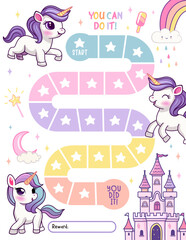 Unicorn reward chart for girls and boys. Cute baby unicorn. Table of behavior and routine work of kids.  illustration - 775280700