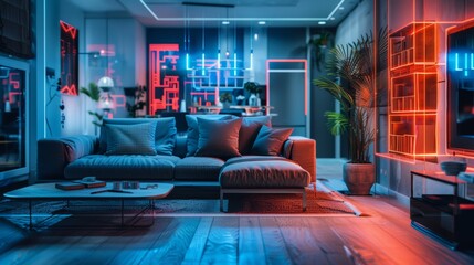 Modern living room with neon lighting and contemporary furniture. Interior design concept.