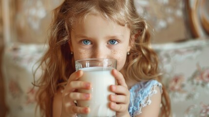 Young girl with curly hair and freckles holding a milk glass. Indoor natural light portrait with a cozy background
