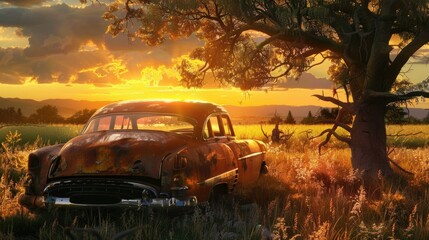 Abandoned rusted car under a tree, suitable for automotive or nature themes