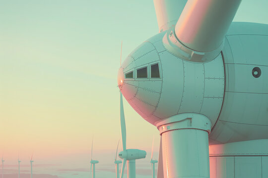 Sunrise hues bathe a wind turbine and farm.