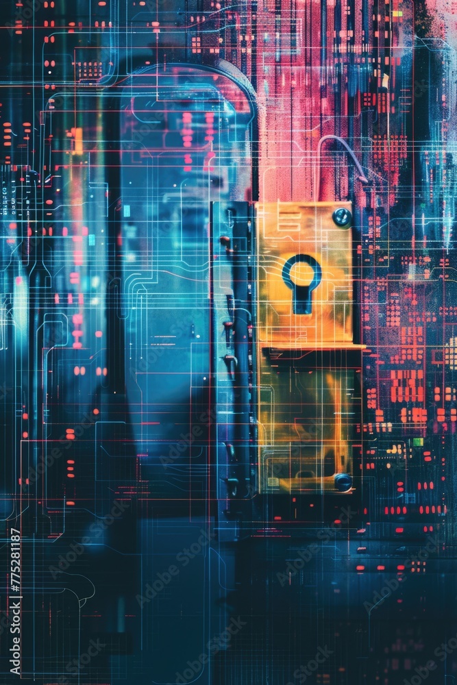 Aufkleber Close-up of a lock on a circuit board, with a city skyline in the background. Ideal for technology and security concepts