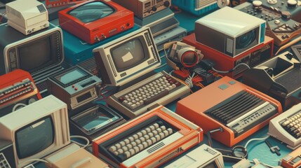 A pile of old computers and electronic devices. Suitable for technology concepts