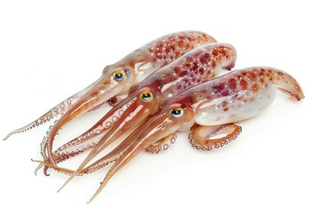 A group of squids sitting on top of a white surface. Suitable for marine life concepts