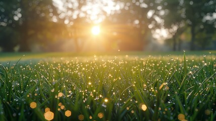 Golden hour morning in countryside  dewy grass, sunlight peek, realistic landscape photography - obrazy, fototapety, plakaty