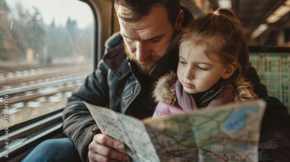 Poster a man and a little girl studying a map, ideal for travel and navigation concepts