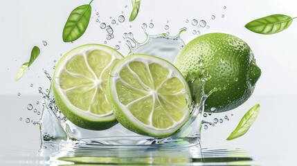 Fresh limes dropping into a glass of water. Great for summer drink concepts