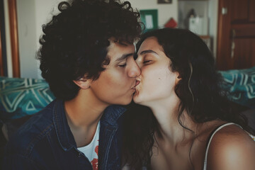 A man and a woman are kissing with their eyes closed - obrazy, fototapety, plakaty